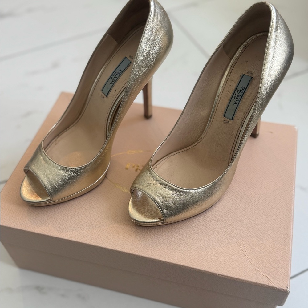 Prada Metallic Gold Peep-Toe Heels